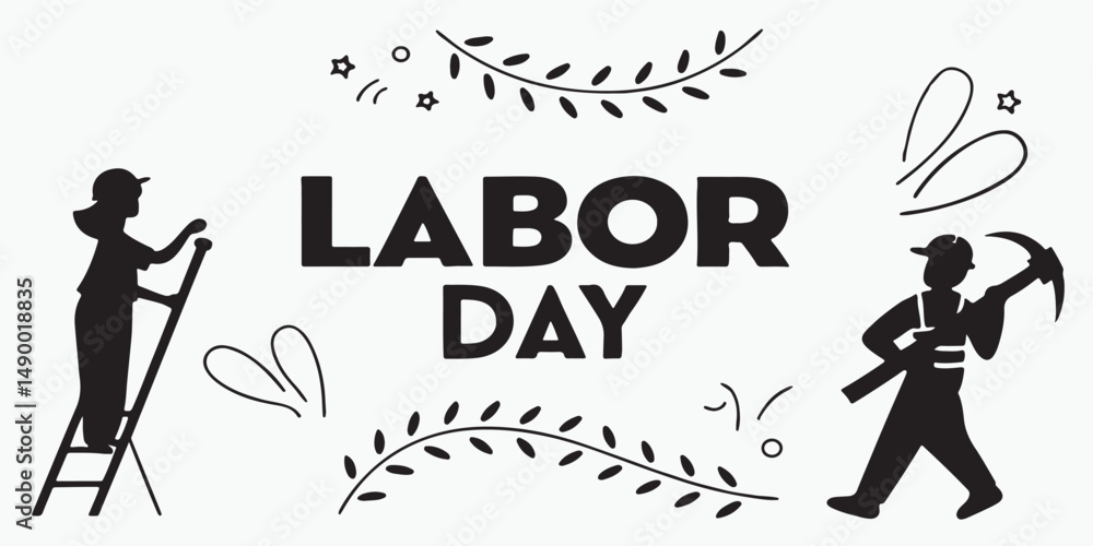 this image features labor day text with gear hammer hard hat flag and wrench icons on a white  silhouettes background design perfect for the holiday .