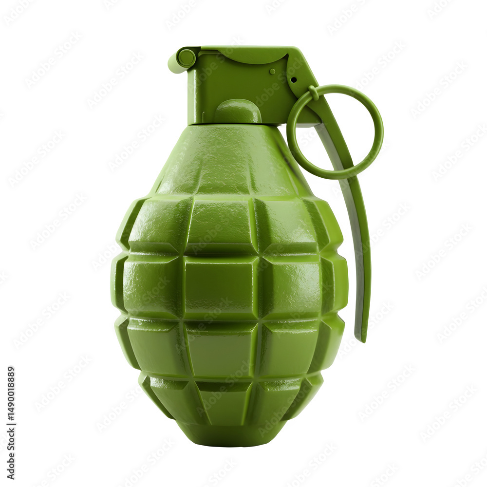 Fototapeta premium Green grenade isolated on black background. Military weapon. 3D icon, plastic illustration style on transparent or white background