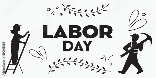 this image features labor day text with gear hammer hard hat flag and wrench icons on a white  silhouettes background design perfect for the holiday .
