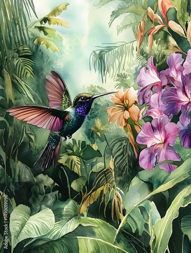 Colorful Hummingbird in Tropical Jungle with Vibrant Flowers and Lush Greenery