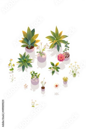 Houseplants and flowers overhead view illustration with ivory background green yellow