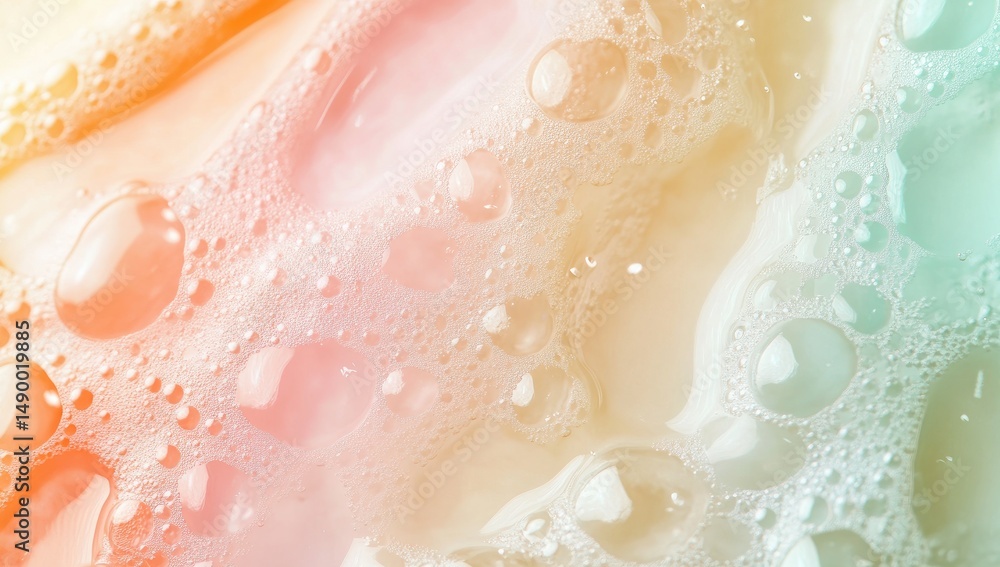 Abstract close-up of soapy bubbles and water droplets. Soft pastel colors Abstract close-up of soapy bubbles and water droplets. Soft pastel colors
