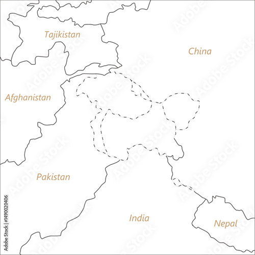 カシミール地方の周辺地図、英語の国名入り