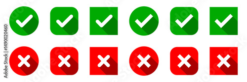 Checkmark icon set. Check mark green and red with shadow. Checked check box sign. Approved symbol. Check mark icon. Correct vote choice isolated symbol. Tick true and false icons. Vector Illustration.