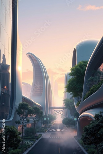Futuristic city street with modern curvilinear buildings and greenery at sunrise