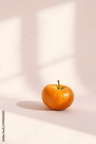 Orange pumpkin on pink surface with soft window light and shadow