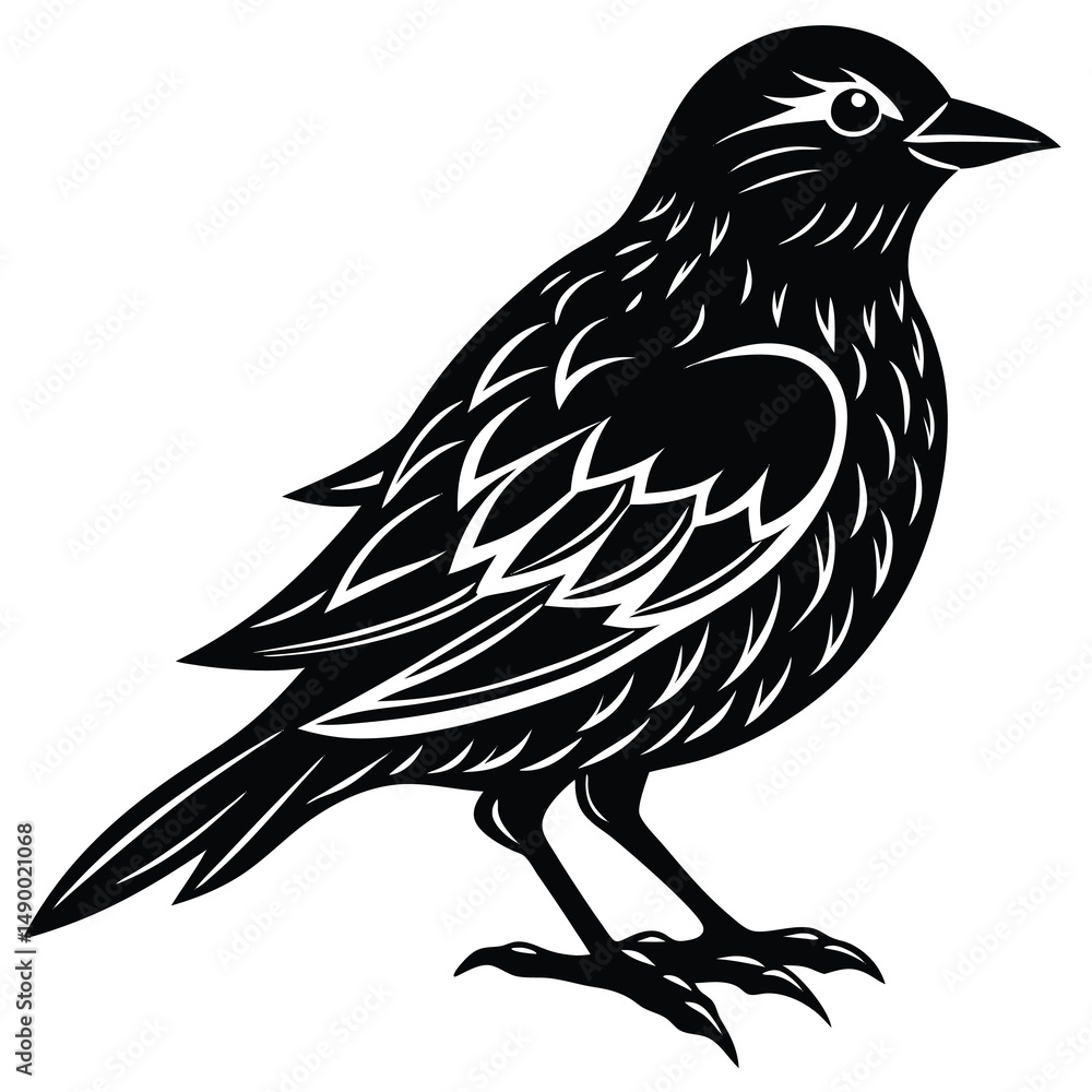 Black silhouette bird with intricate white line feather design. Side profile with sharp beak and textured legs. Clean vector ideal for decorative, artistic, decorative, nature themes, and wildlife Black silhouette bird with intricate white line feather design. Side profile with sharp beak and textured legs. Clean vector ideal for decorative, artistic, decorative, nature themes, and wildlife