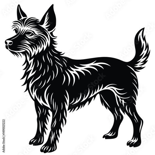 Black silhouette of a shaggy dog with pointed ears, bushy tail, and tilted head. Stylized fur details for a bold, animal’s alert posture and style