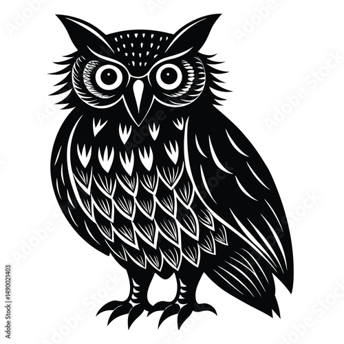 Black silhouette of an owl with bold eyes and detailed feathers. Wings partially extended in a clean, decorative vector on white.  Perfect for a striking, graphic style, nature themes.