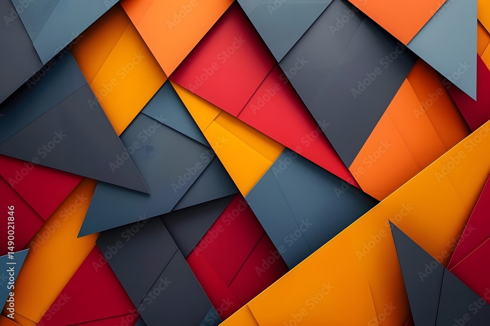 Fototapeta premium Geometric Abstract Shapes: Vibrant Red, Orange, and Dark Gray Triangles and Squares Intersect Dynamically, Creating a Bold and Modern Visual Composition; A Study in Color and Form, Ideal for Backgrou