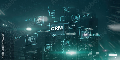 CRM. Customer Relationship Management on modern city background