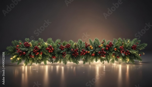 Elegant evergreen border with glowing lights and berries , background, xmas