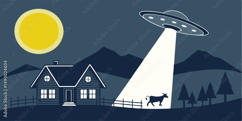 Naklejka premium Alien abduction scene featuring a cow and a spaceship in a rural night setting