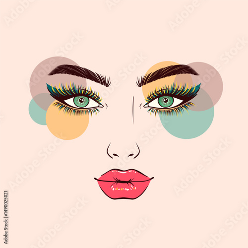 Woman's face with bright makeup on light  background with abstract colored circles.
