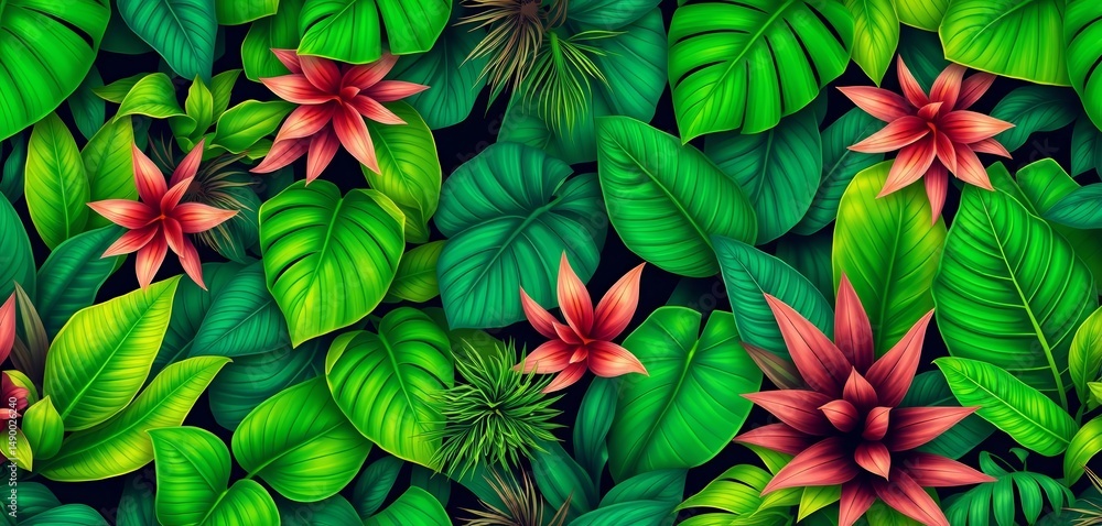 custom made wallpaper toronto digitalLush, vibrant seamless pattern of tropical leaves and plants in exotic greens, fern, repeating pattern