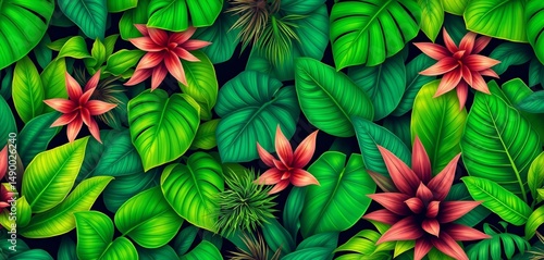 Wallpaper Mural Lush, vibrant seamless pattern of tropical leaves and plants in exotic greens, fern, repeating pattern Torontodigital.ca