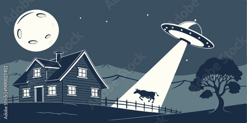 Ufo abducting a cow above a rural house in the night sky with moon