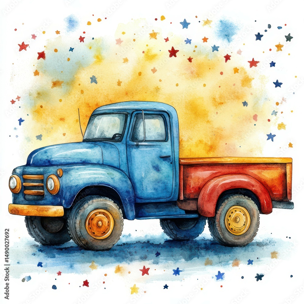 Obraz premium Classic blue and orange pickup truck surrounded by colorful stars in a vibrant watercolor style