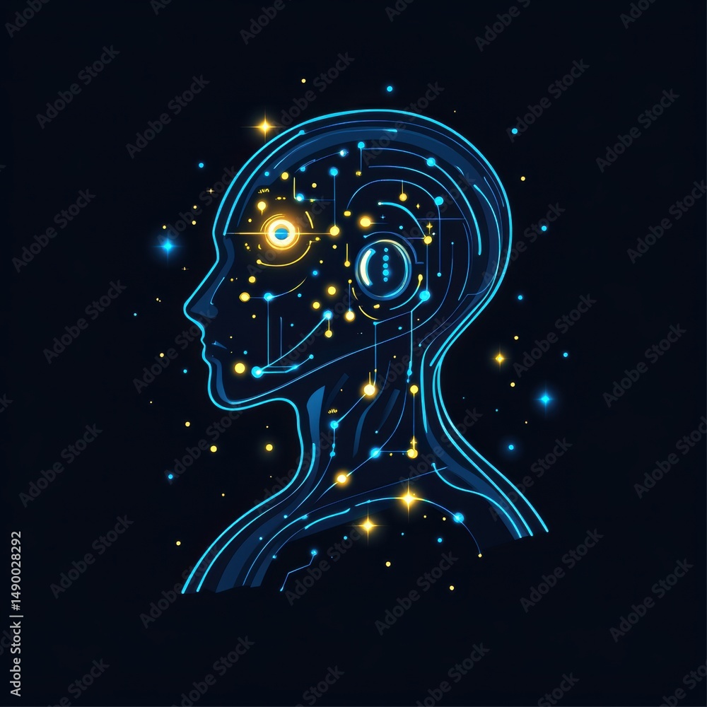 Fototapeta premium Profile View of Digital Human Head with Glowing Network Connections on Dark Background