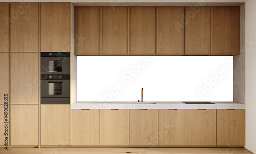 Free PNG wallpaper mockup in Interior Dining Room, Modern Kitchen with Wood Cabinets and Built-in Appliances, 3D rendering