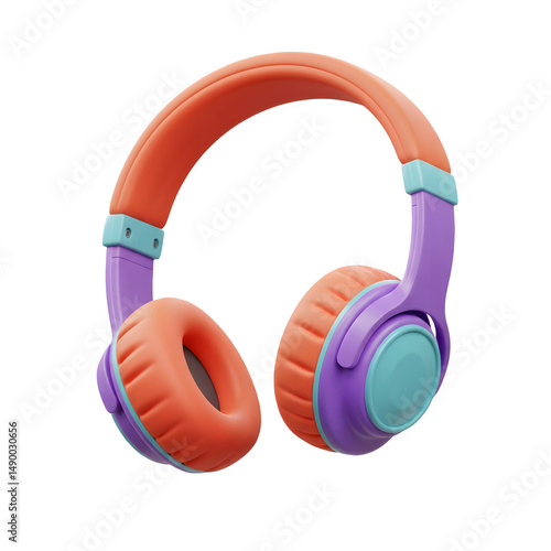 Colorful over-ear headphones in vibrant orange, purple, and teal. Perfect for music lovers! 3D icon, plastic illustration style on transparent or white background