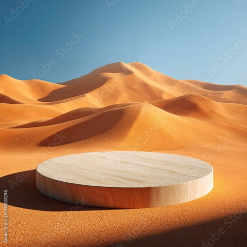 Fototapeta Naklejka Na Ścianę i Meble -  Wooden Platform in Desert Landscape with Rolling Sand Dunes under a Clear Blue Sky