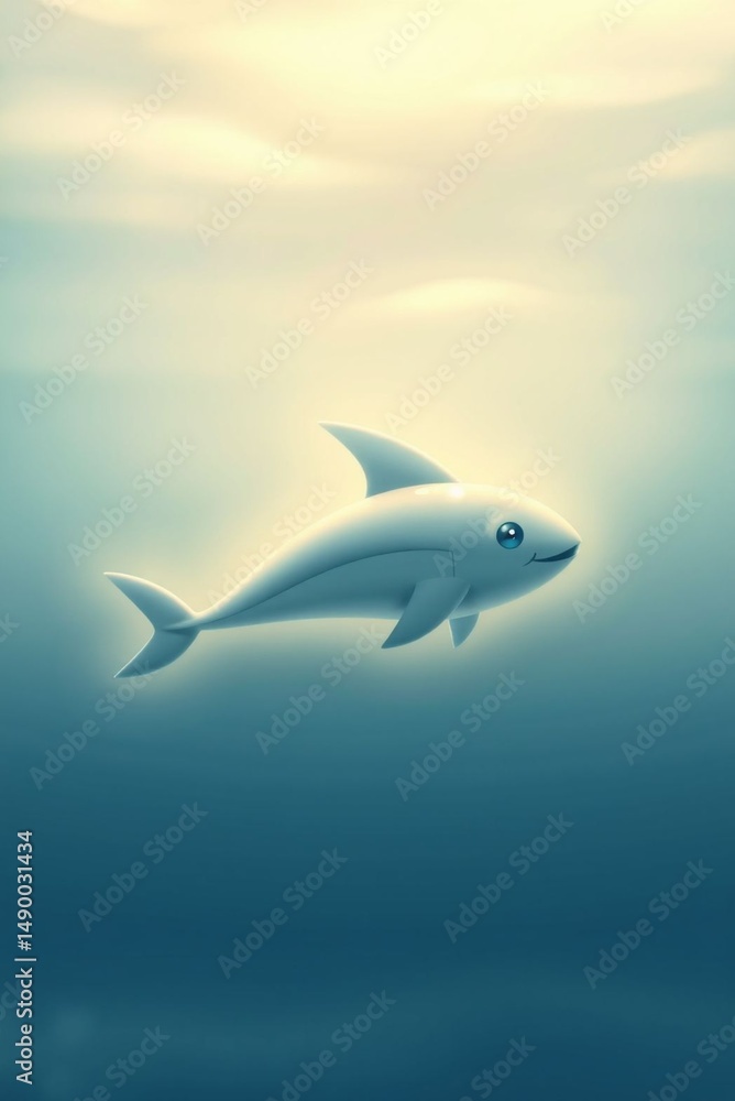 Obraz premium Happy Cartoon Shark Underwater Ocean Calm Marine Friendly Playful Swim Fish