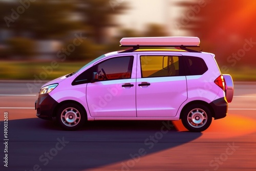 Pink minivan driving on road at sunset travel vehicle transport street