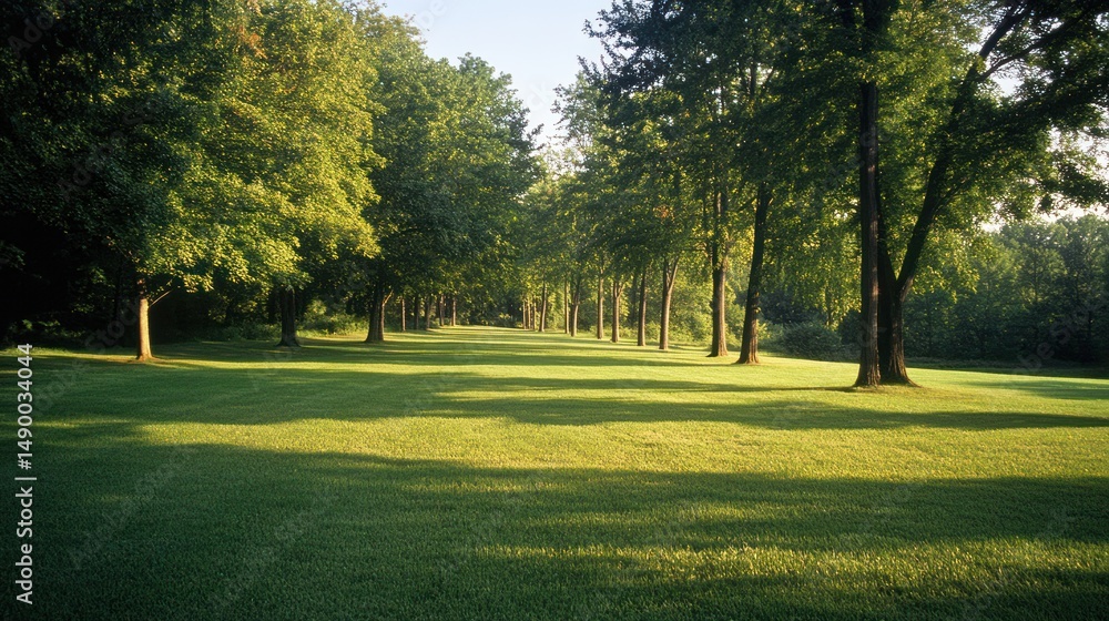 Fototapeta premium Sunlit trees line a grassy path, peaceful morning scene, nature background, ideal for tranquility