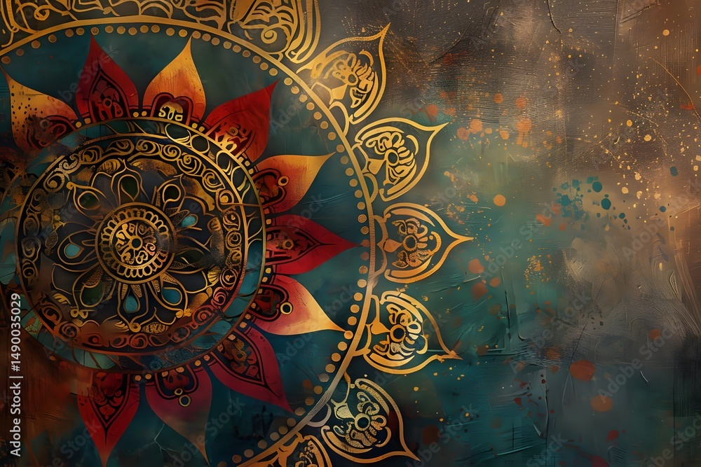 Fototapeta premium Golden Mandala Art: Intricate Design, Teal and Gold Hues, Abstract Background, Splashes of Color, Decorative Ornament, Cultural Symbolism, Spiritual Significance, Artistic Expression, Visual Masterpie