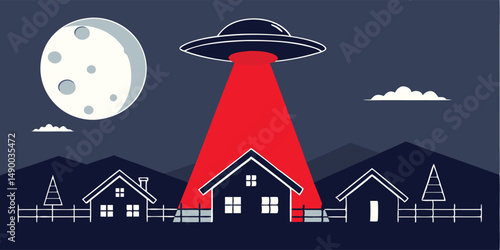 Ufo illuminating a house at night with moon and mountains flat illustration