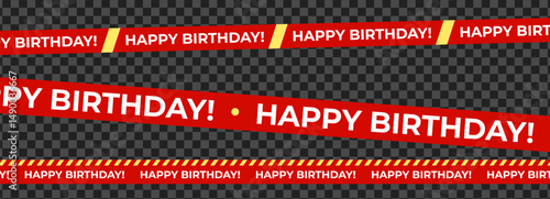 Red ribbons with Happy Birthday text, cheerful celebratory mood. Bright birthday tape for party decor, invitations, greeting banners. Flat digital graphic vector illustration.