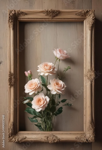 Creamy pastel artificial blooms, aged wooden frame, props, flowers, aged