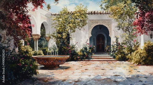 A painting of a courtyard with a fountain and a door