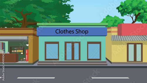 Clothes Shop Front Vector Illustration – Cartoon Style Indian Street Market Storefront Background for Animation, Urban Town Scene, Game Design, and Explainer Video Projects

