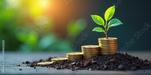 Vector image of financial investment concept with money plant and coins, investing, savings, wealth