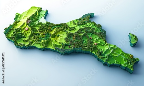 3D Costa Rica map, lush green landscape,  houses scattered, tourism, geography