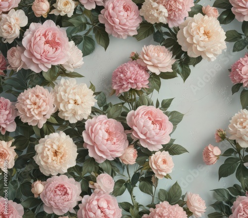 Soft pastel vintage floral wall, featuring roses, peonies, and hydrangeas ,  bloom,  home