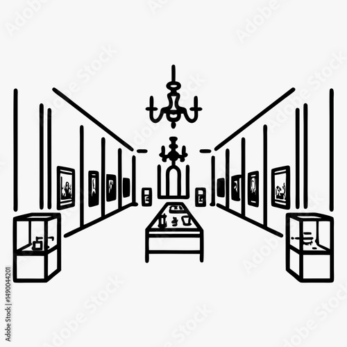 Interior of art museum with exhibits and chandelier design  