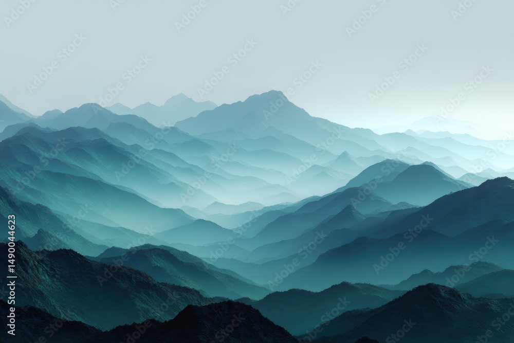 Obraz premium A foggy mountain landscape with soft gradients of blue and green, isolated on clean white background