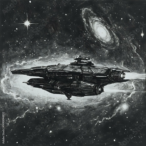 A black and white illustration depicts a spaceship navigating through a cosmic backdrop featuring a starburst, a spiral galaxy, and a nebula.