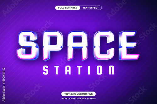 Futuristic Space Station text effect with neon glow and sharp techno style. Ideal for sci fi titles, games, or digital posters. Fully editable vector EPS format.