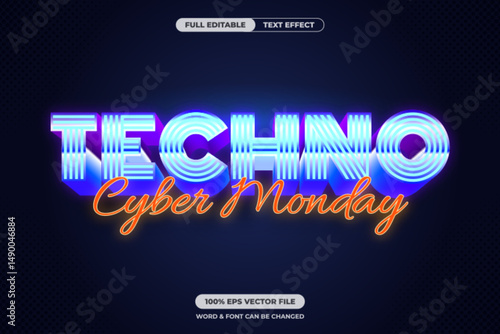 Bright and retro Techno Cyber Monday text effect with glowing stripes and cursive highlight. Perfect for online shopping ads, promotions, or digital flyers. Fully editable vector format