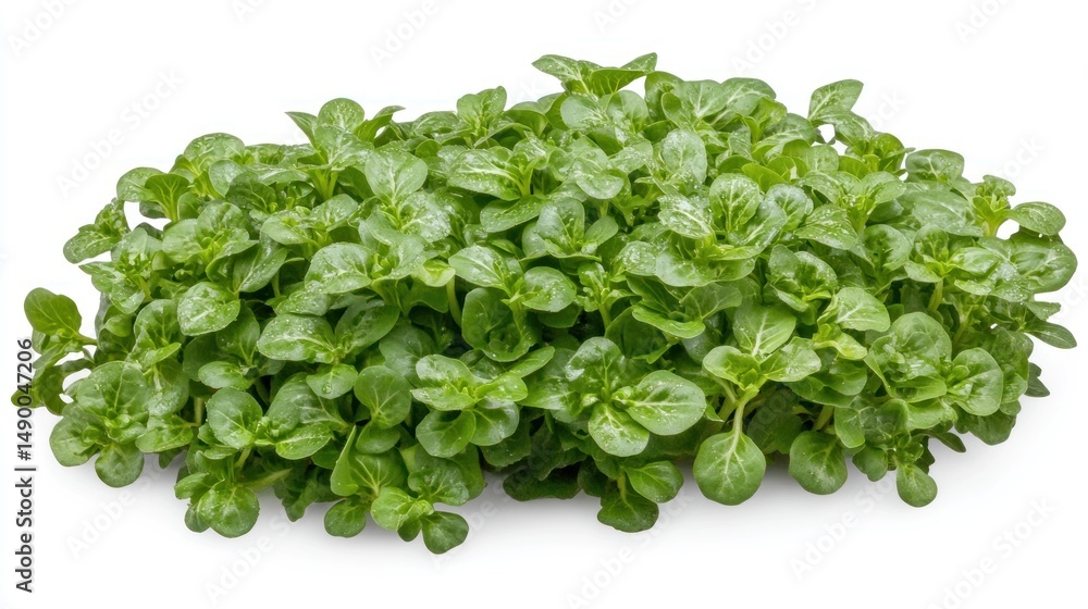 Obraz premium Fresh green leafy vegetables closeup dewy texture white background