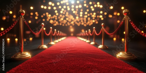 Red carpet lined with ropes and lights creates an elegant atmosphere for an upcoming event in a grand venue