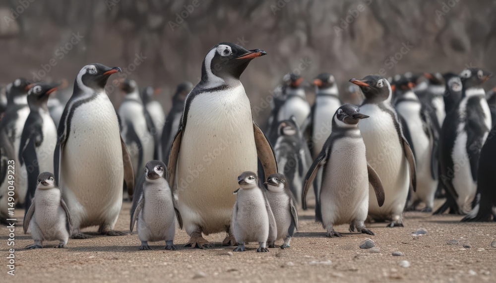 Obraz premium Humboldt penguin chick amongst adult penguins , south america, shore, water