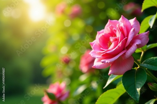 Vibrant pink roses growing on green vine in bright sunlight, roses, garden, floral