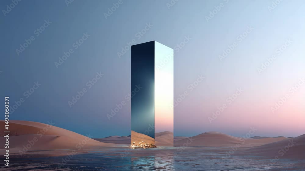 Surreal desert landscape with mirror monolith reflecting dunes at sunset, conceptual art installation near calm water
