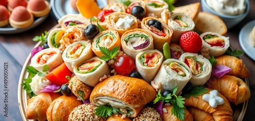 Vibrant platter overflowing with mini sandwiches, wraps, croissants, and sweet treats, croissants, snacks