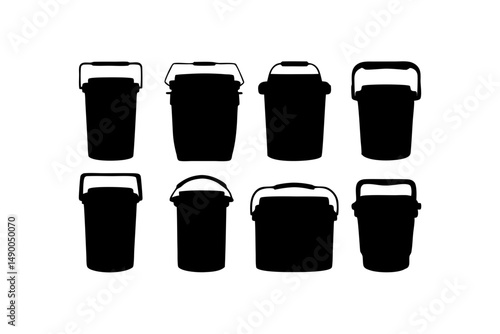 set of plastic ice chest coolers with handle black silhouette vector illustration